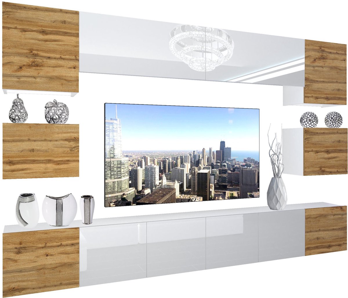 BELINI Wandmeubel NEX 3 - TV-Wandkast Set met LED-Verlichting Wotan Eiken / Wit - Hoogglans Fronten