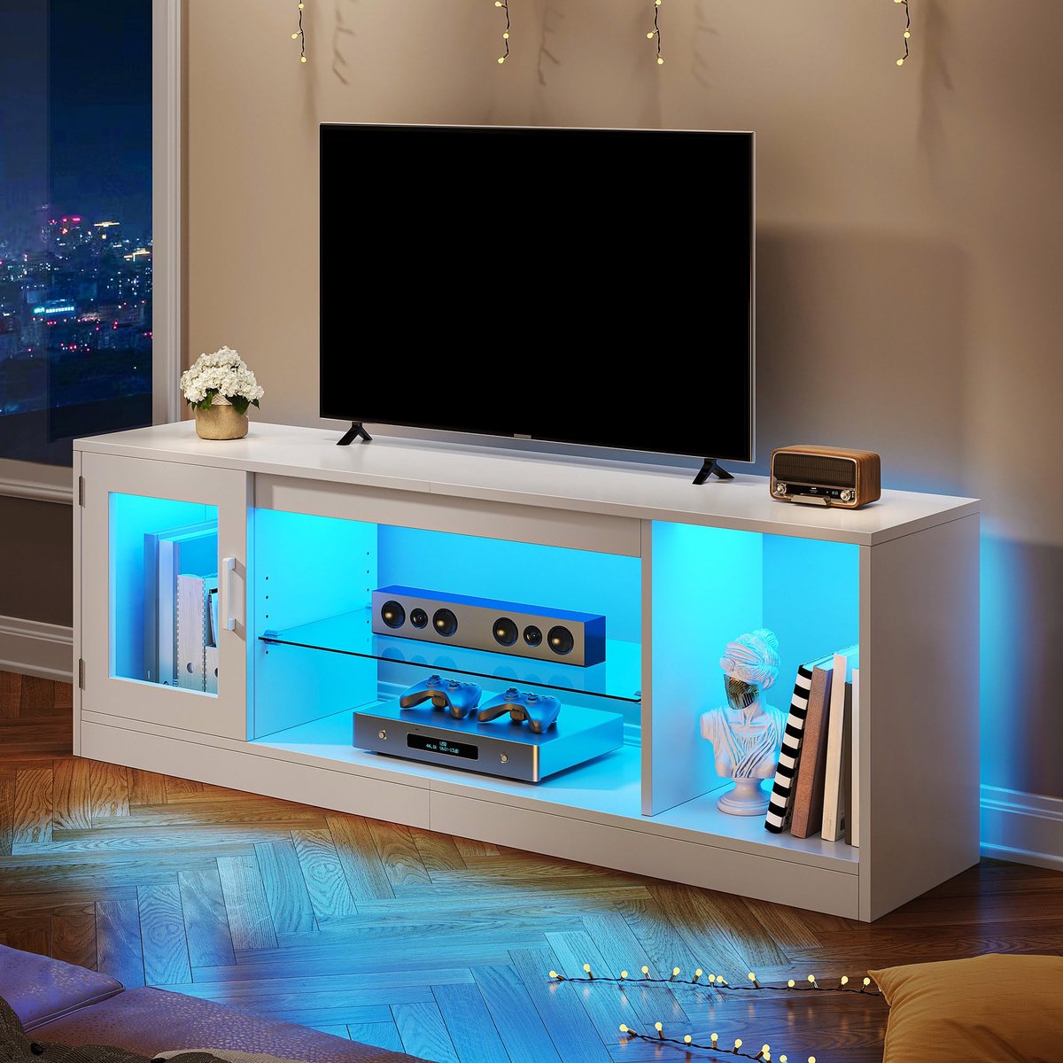 SnelShoppen - TV-kast standaard unit 148 cm moderne tv-tafel voor tv's tot 65 inch flatscreen met open verstelbare glazen opbergplanken voor woonkamer