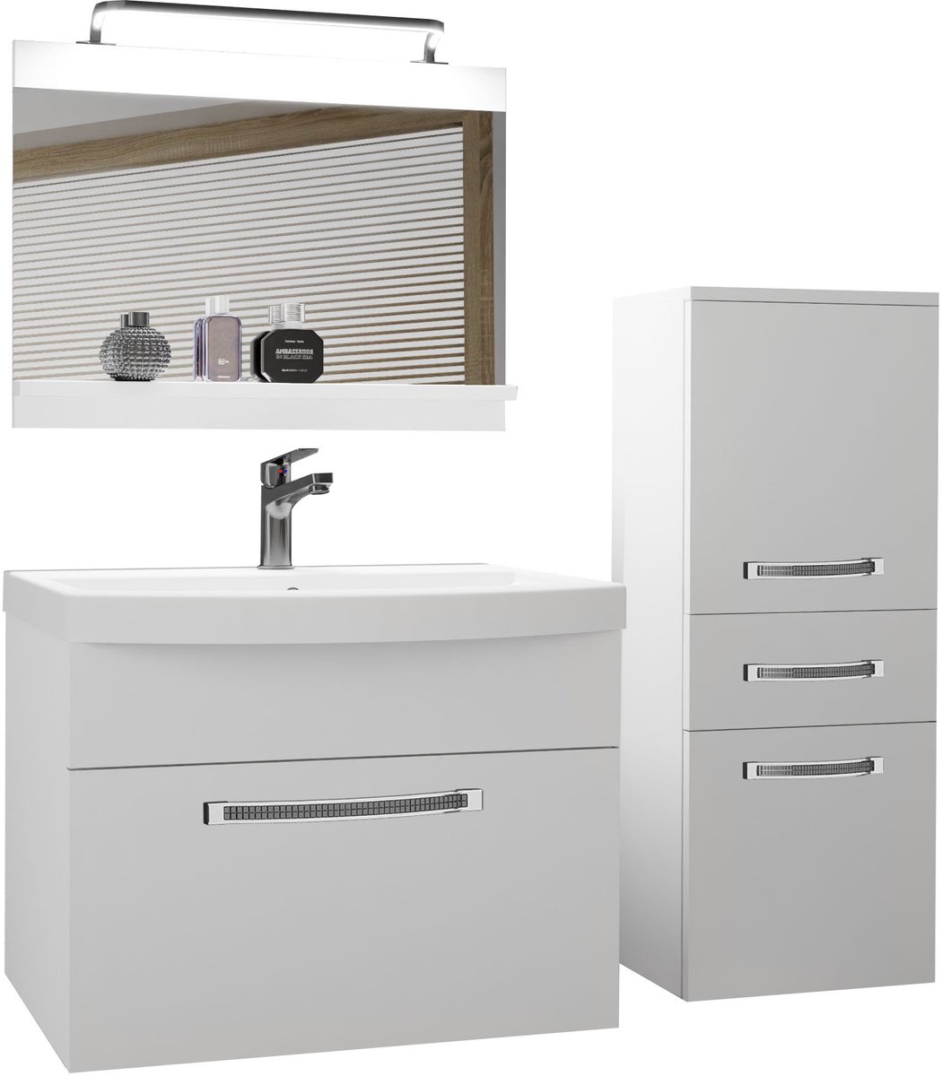 BELINI Badkamermeubel Set GLA M 2 - Badmeubelset 100 cm Wit, Mat met Wastafel, Spiegel en LED Lamp - Wandmontage