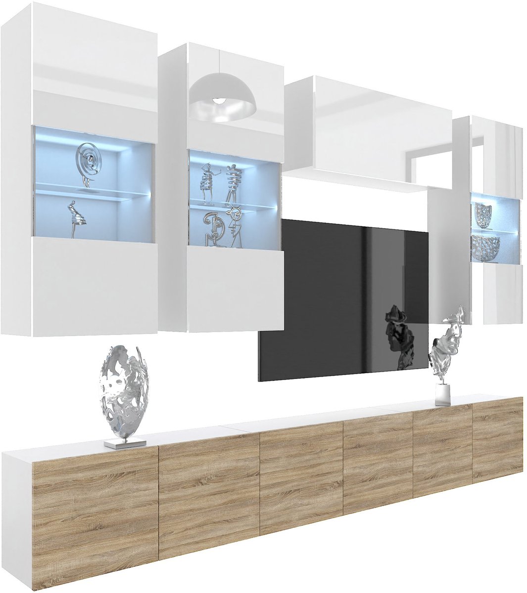 BELINI Wandmeubel Milano 5 300 cm Wit/Sonoma Eiken - TV-Wand Greeploos - Moderne Woonwand met Gasliftsysteem - Modulair TV-Meubel