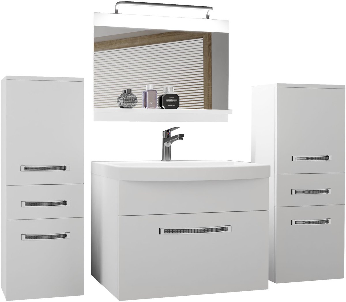 BELINI Badkamermeubel Set GLA M 4 - Badmeubelset 140 cm Wit Mat met Wastafel, Spiegel en LED Lamp - Wandmontage