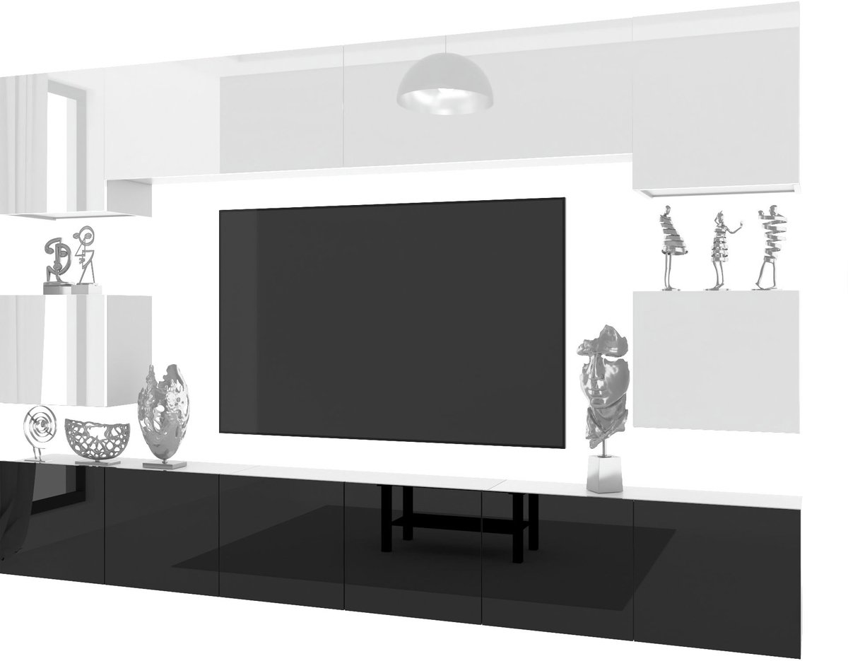 BELINI Wandmeubel Milano 3 300 cm Zwart/Wit Hoogglans - TV-Wand Greeploos - Moderne Woonwand met Gasliftsysteem - Modulair TV-Meubel