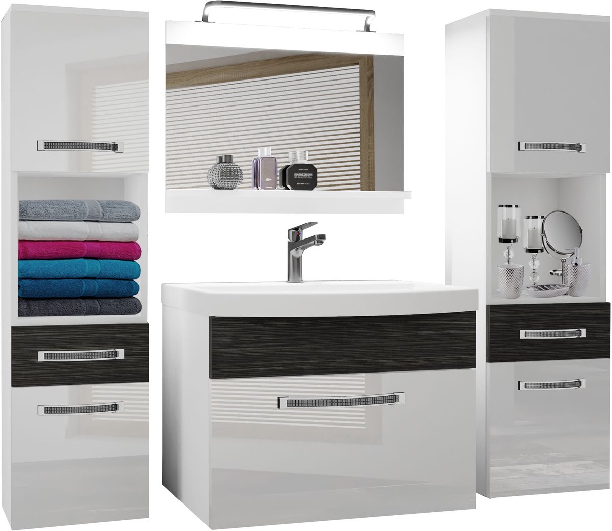 BELINI Badkamermeubel Set GLA PM 6 - Badmeubelset 140 cm Wit Koninklijk Ebbenhout Hoogglans Mat met Wastafel, Spiegel en LED Lamp - Wandmontage
