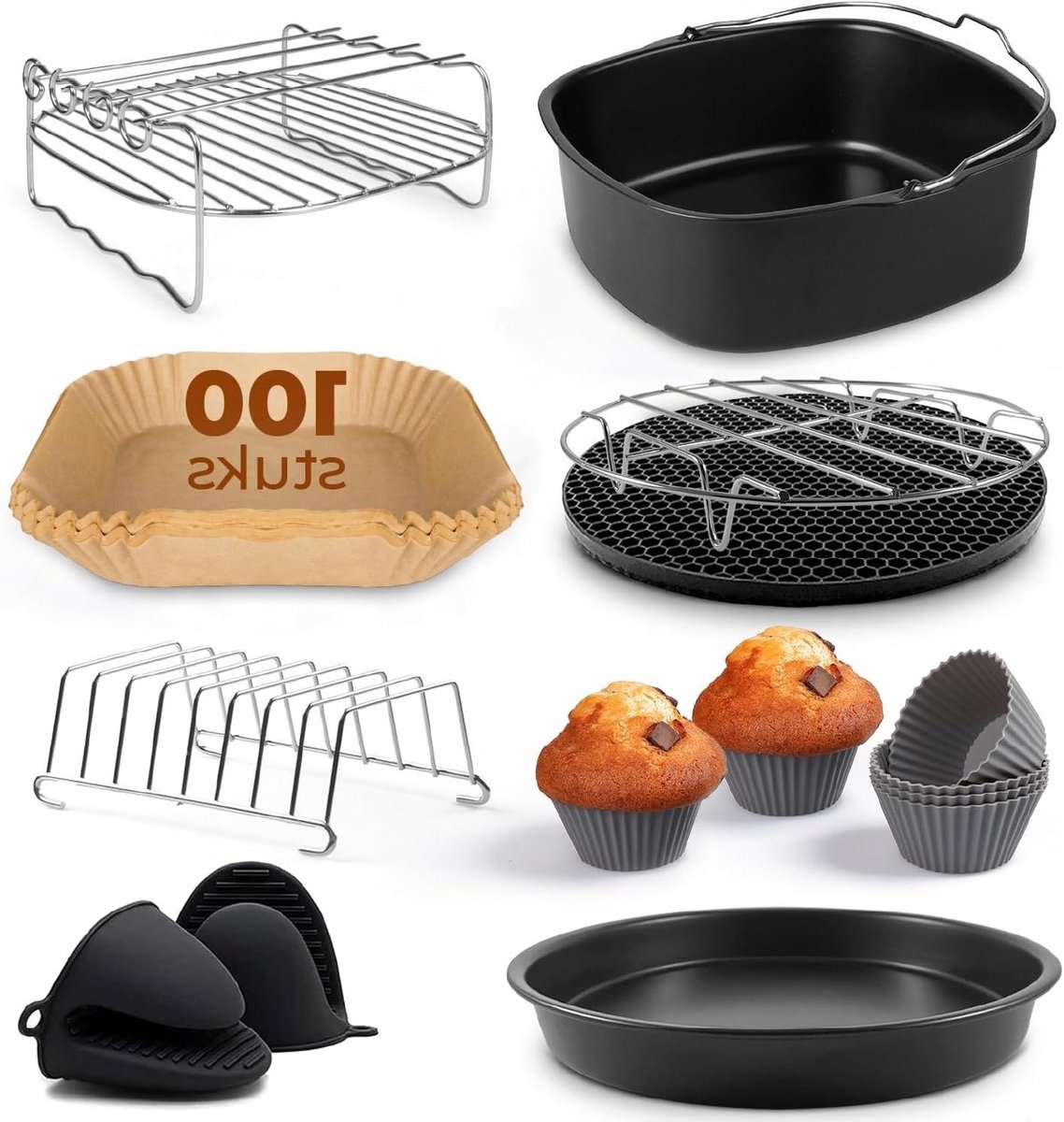Airfryer Accessoires Accessoireset Keuken Lekker Koken 19 Delige Set XL XXL Maten Zwart