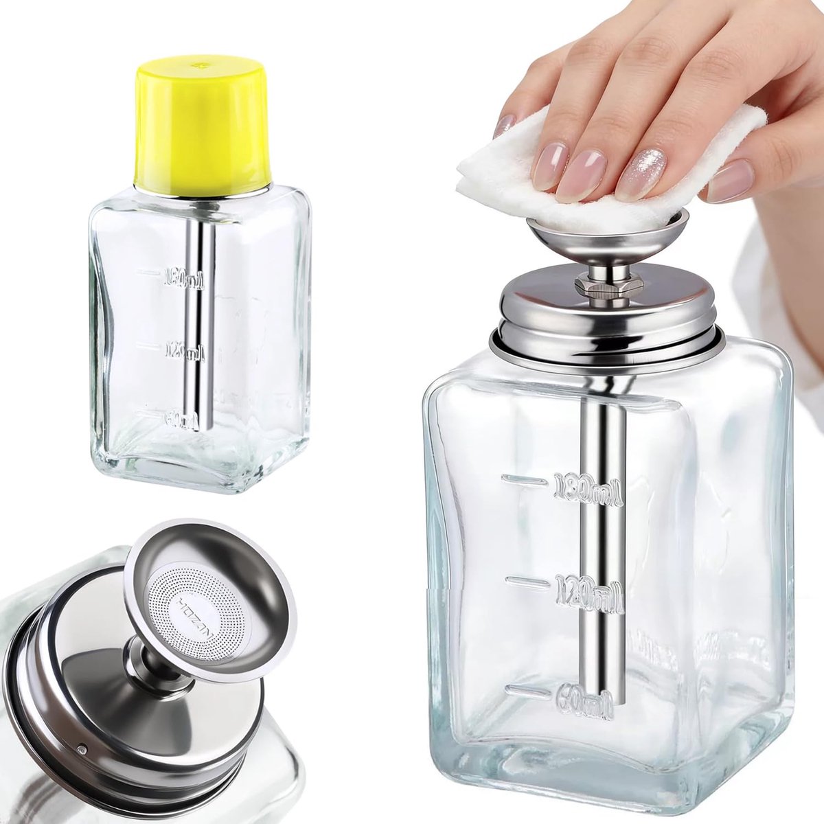 longziming -Glazen Pompfles 180 ml – Navulbare Dispenserfles met Drukpomp – Transparante Vloeistoffles met Deksel – Voor Nagellakremover Alcohol Toner Make-up Remover – 1 Stuk