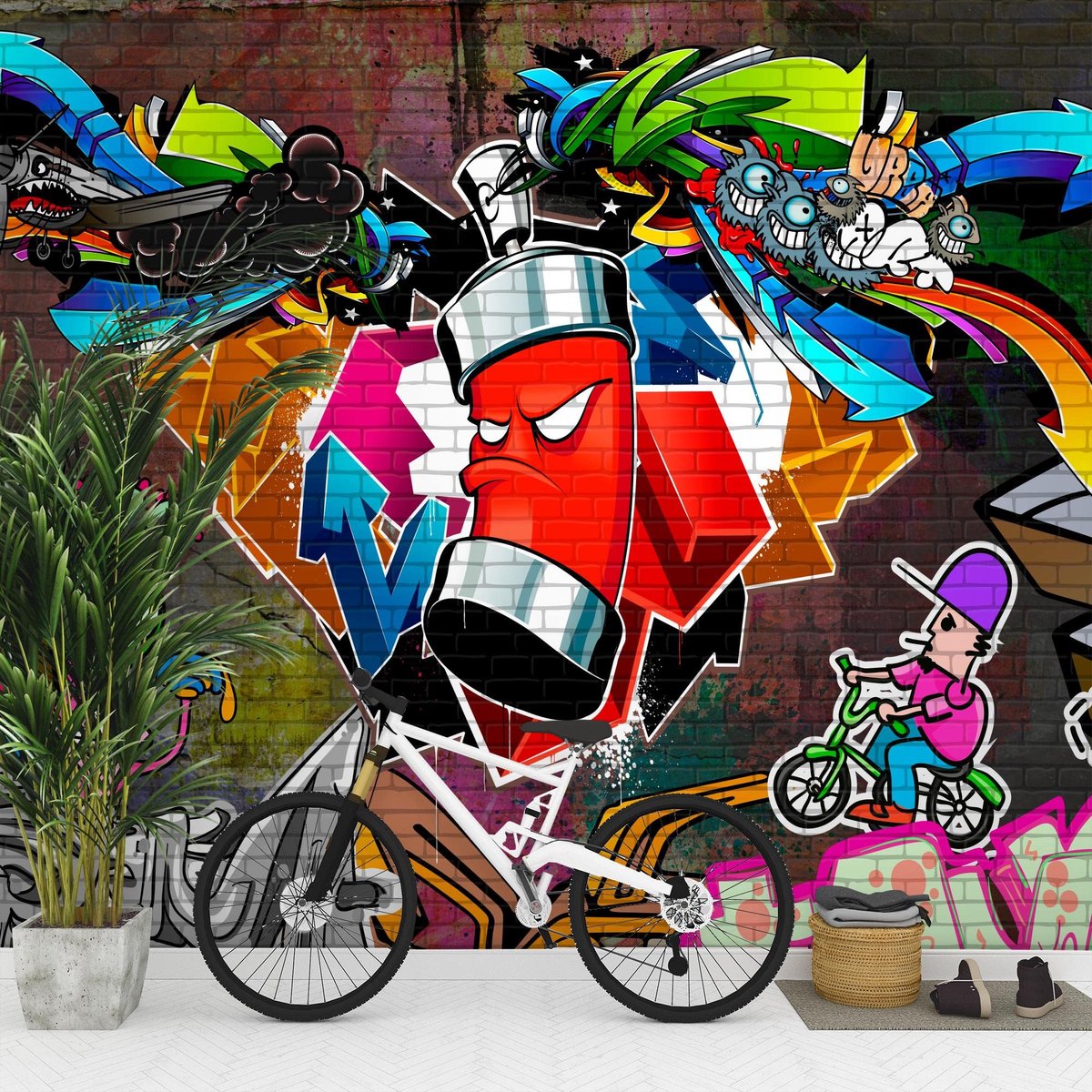 SnelShoppen - Fotobehang Graffiti Streetart XXL 352x250 cm Vliesbehang Kleurvol Modern Wandbehang voor Woonkamer Slaapkamer Kantoor Hal
