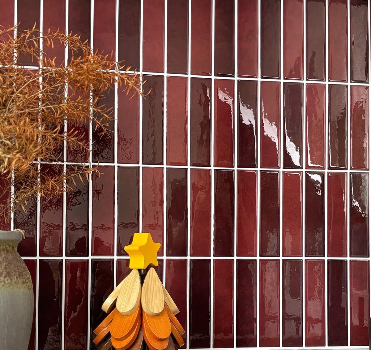 Zelfklevende Waterdichte Vinyl Wandtegels, Makkelijk Aan te Brengen, 10 Stuks, Ideaal voor Keuken en Badkamer, Rood, Muurdecoratie en Bescherming tegen Spatten