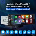 ESSGOO autoradio met Android 15, 6,86 inch IPS touchscreen, 4GB+64GB, universele 1 DIN aansluiting en functies zoals CarPlay, Bluetooth, Wifi, GPS, FM/RDS.