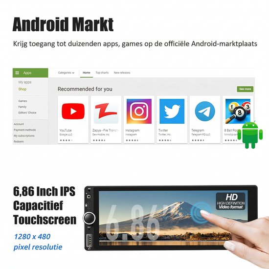 Android Markt en 6,86 inch IPS touchscreen autoradio met HD resolutie en touch-bediening.