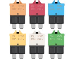 Set van 6 handmatig resetbare zekeringen (circuit breakers) – 12V-32V, low-profile ATO/ATC-formaat (standaard), 5A t/m 30A – geschikt voor auto's, vrachtwagens, SUV's en boten