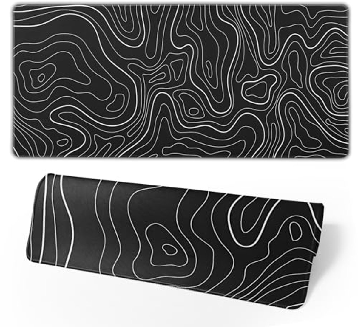 Gaming muismat - Grote Muismat 80 x 30 cm - Topografisch Contourpatroon - XXL Bureauonderlegger met Antislip Rubberen Onderkant - Waterafstotend en Gestikte Rand - Extra Lange Muismat voor Gaming, Kantoor en Thuis - zwart