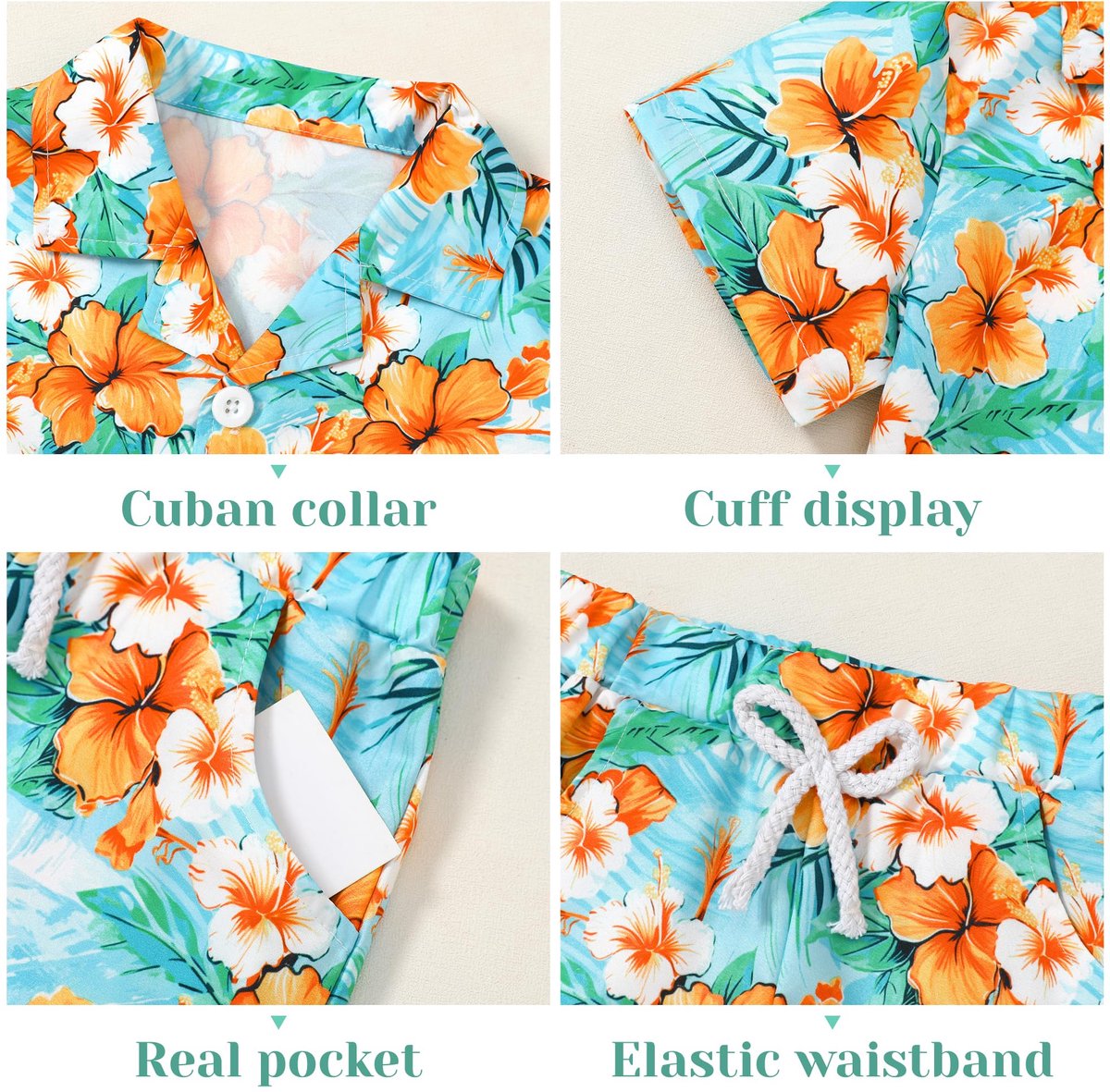 SnelShoppen - Zoerea Hawaiiset voor jongens, 2-delige set hemd + shorts, comfortabel strandhemd met knopen + shorts voor kinderen van 4 tot 10 jaar, O