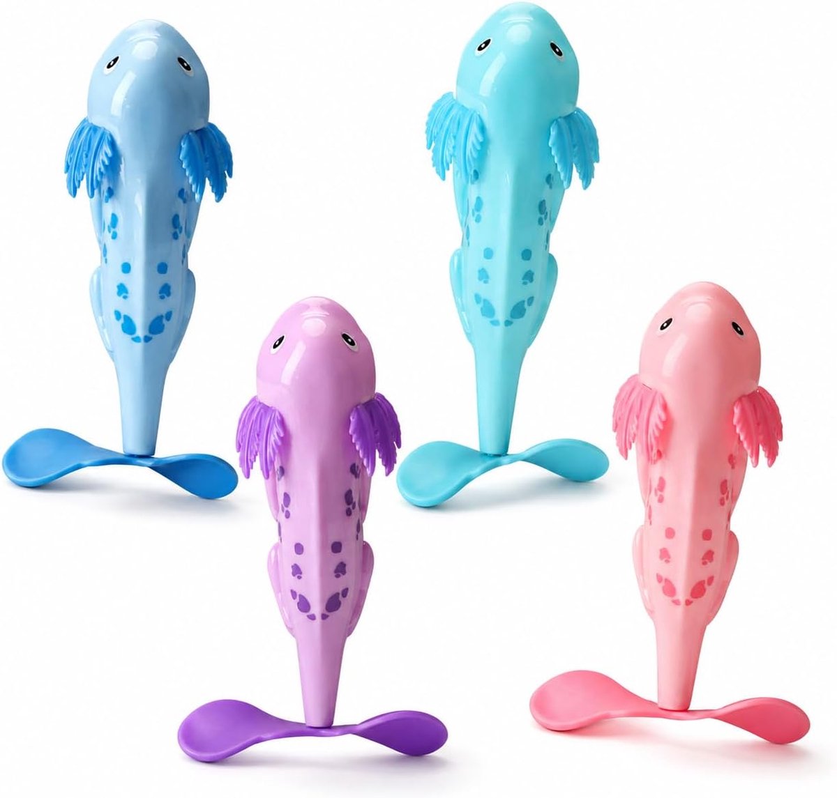 Poolspel Salamander 4 stuks, roterende waterfiguren in blauw, aqua, lila, roze, stijgt van de vloer naar het oppervlak, apporteerspel voor zwembad & zomer zwemtraining duikaccessoires