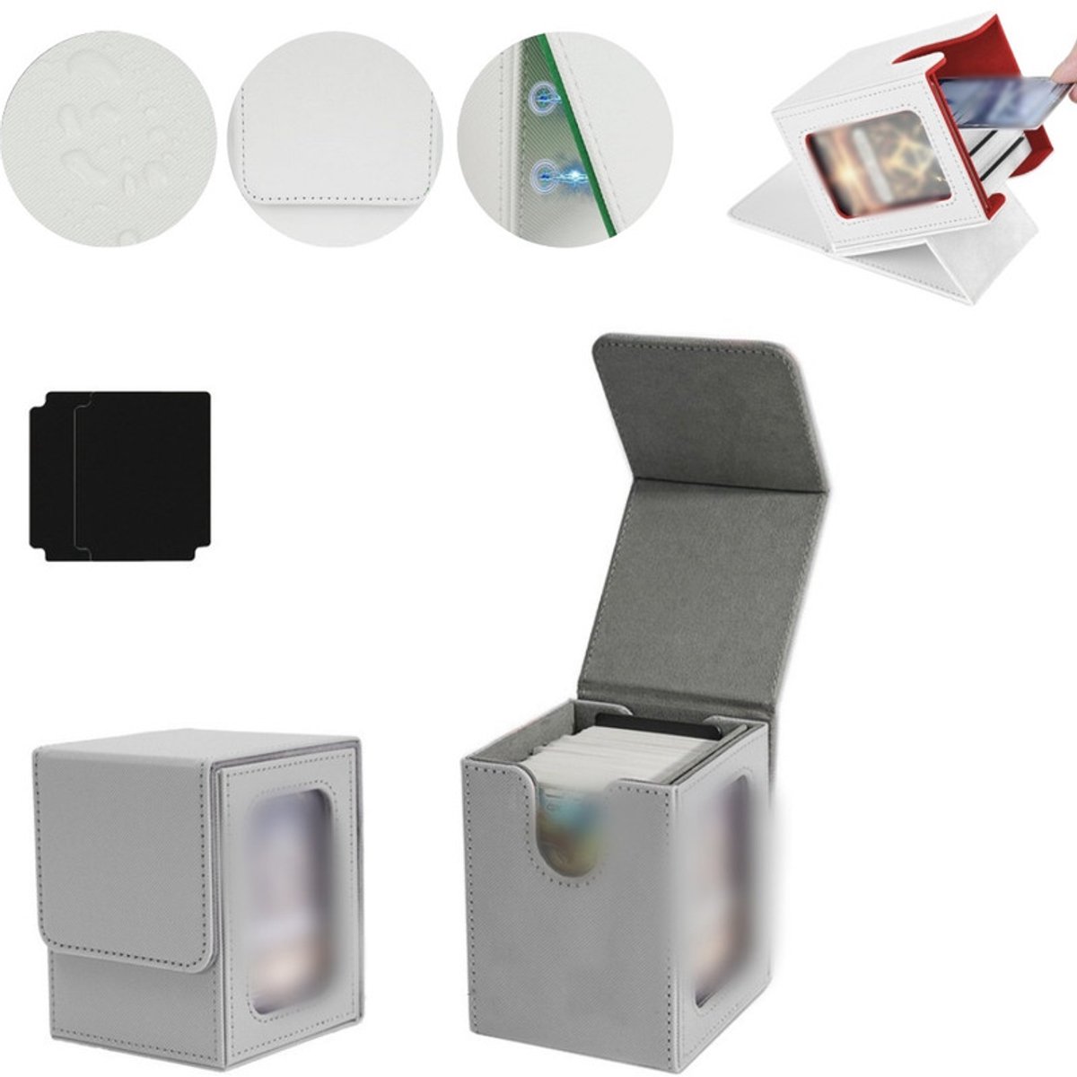 Kaartenopbergdoos – Magnetische TCG-displaydoos – Geschikt voor 100 kaarten met dubbele sleeves – Verticale deckbox van PU-leer – Verzameldoos met kijkvenster – 8,5 x 9,5 x 11,2 cm
