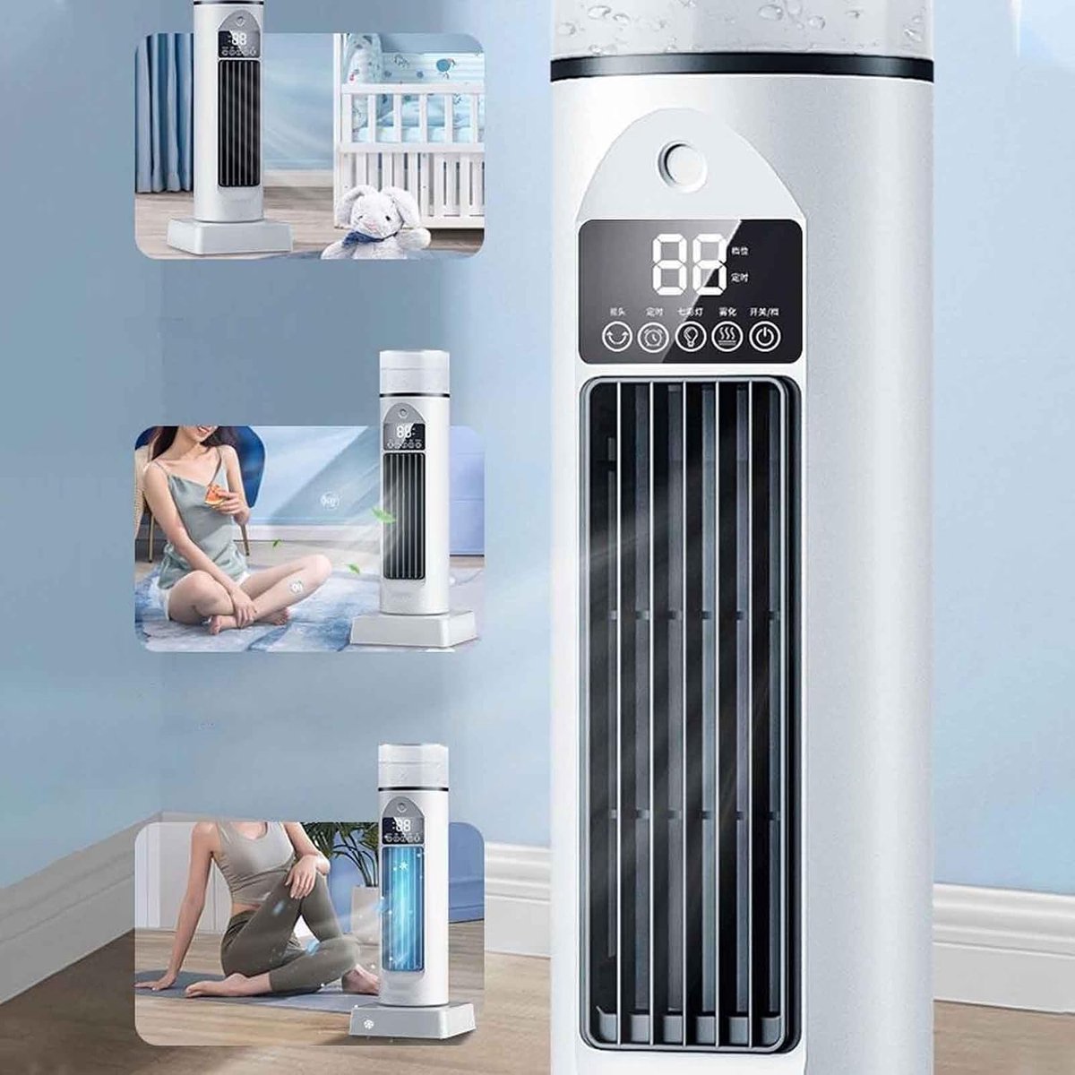 Bladenloze torenventilator, 120° oscillerend, 6 windsnelheden, stil, draagbaar, sta‑ en bureau‑model voor slaapkamer, woonkamer (Zwart)