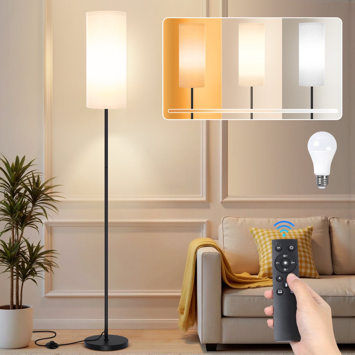 Lapamax Dimbare Vloerlamp met Linnen Lampenkap - 12 W LED-Lamp en Afstandsbediening - 3000-6500 K - Timer en Voetschakelaar - Zwart