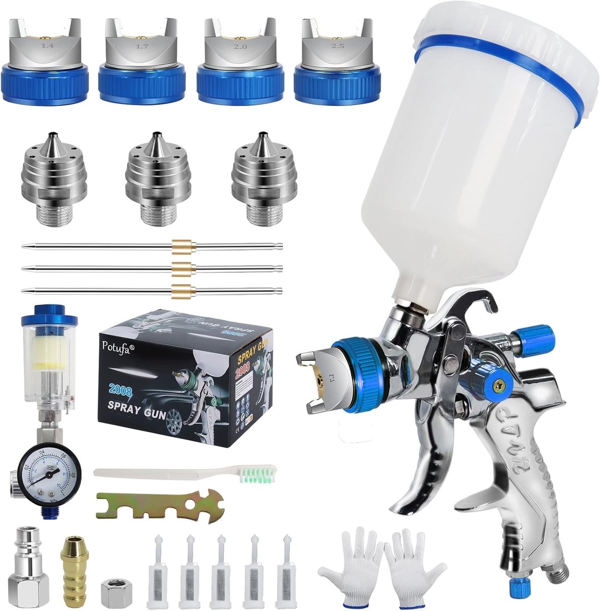 Professionele HVLP spuitpistool set met 4 spuitmonden van 1.4 mm, 1.7 mm, 2.0 mm en 2.5 mm, ideaal voor verfprojecten, luchtcompressor en 600 ml kunststof beker