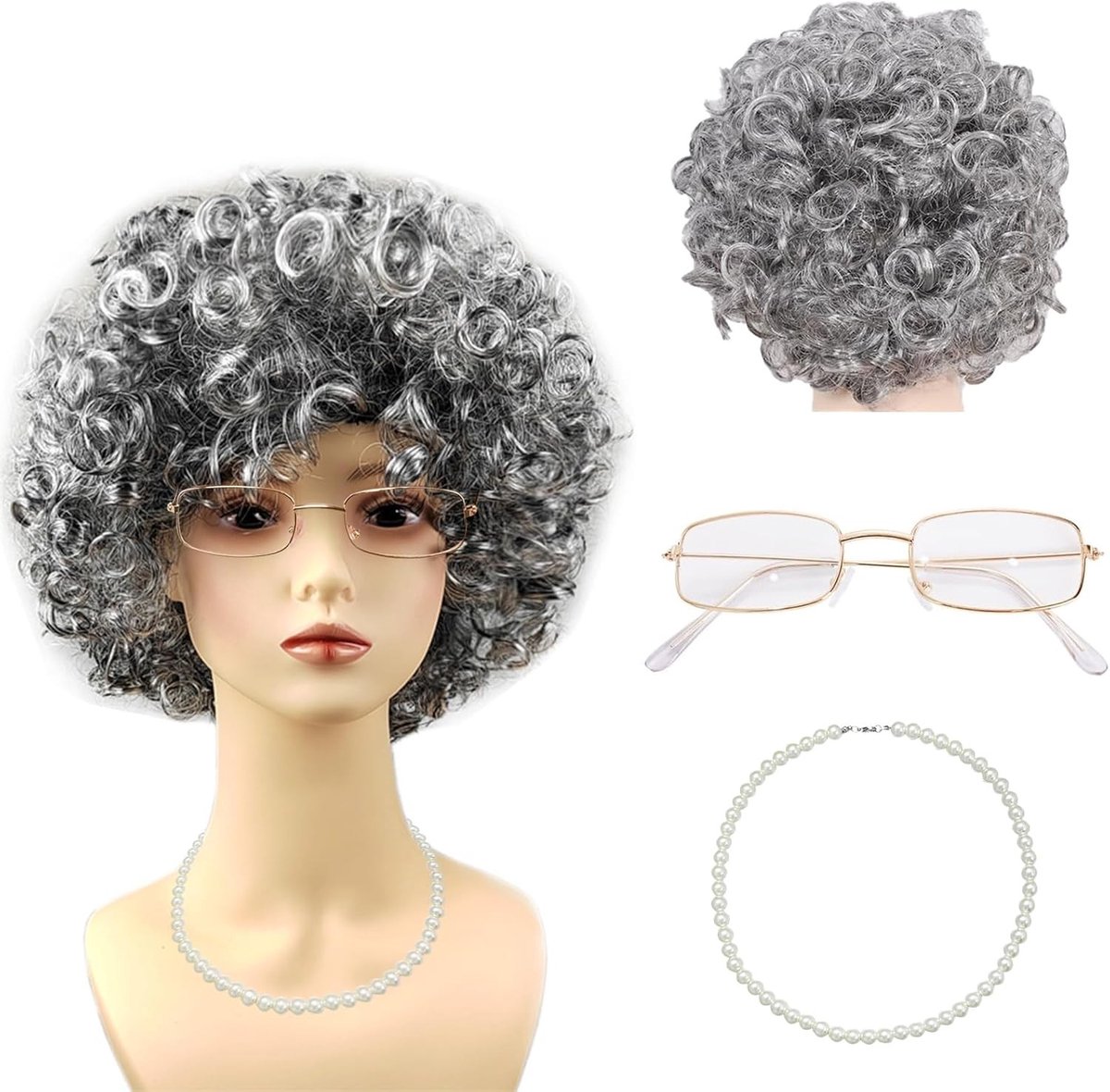 Granny Kostuum Set met Grijze Perücke, Bril en Ketting voor Cosplay, Carnaval en Verkleedfeest
