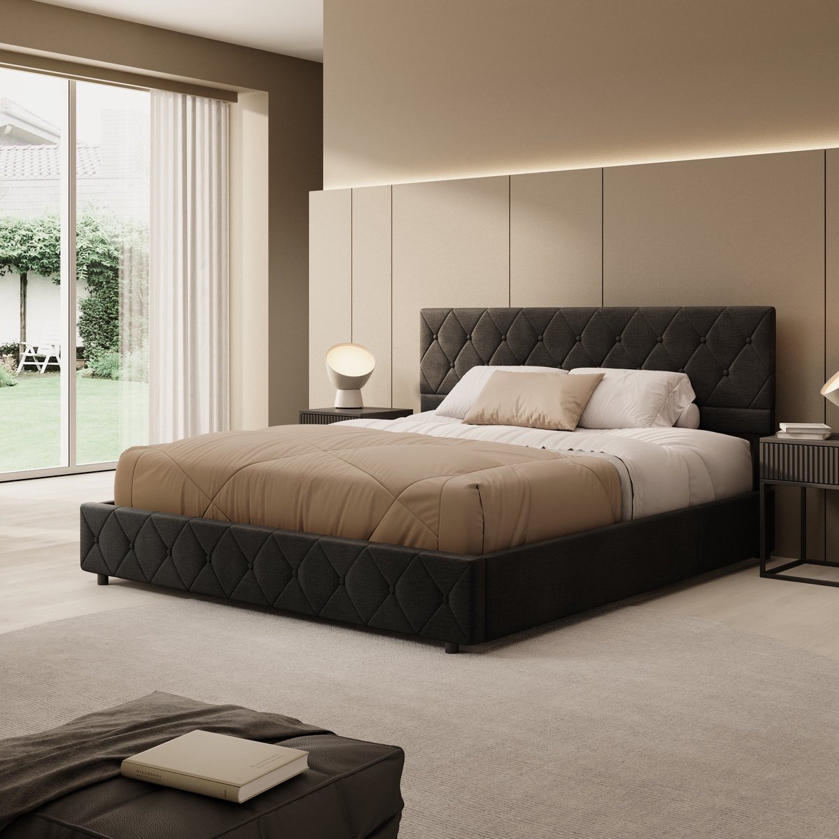 Meubella - Hernandez - Tweepersoonsbed - Velvet zwart - 160x200 cm