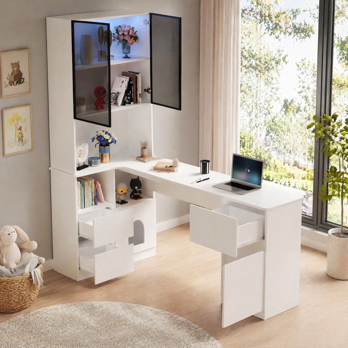 MODENUIT Hoekbureau - Met LED-Vitrinekast En Opbergruimte - Voor Thuiswerkplek - MDF - 120x80x180 Cm - Wit