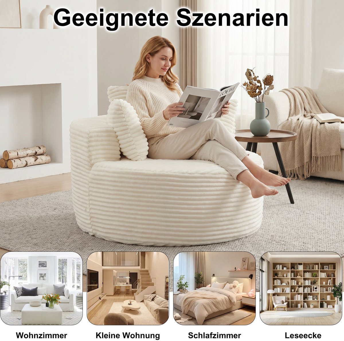 OKWISH Fauteuil Rond 110 cm - Met 3 Sierkussens En Brede Armleuningen - Voor Woonkamer Slaapkamer En Leeshoek - Ribstof - Beige
