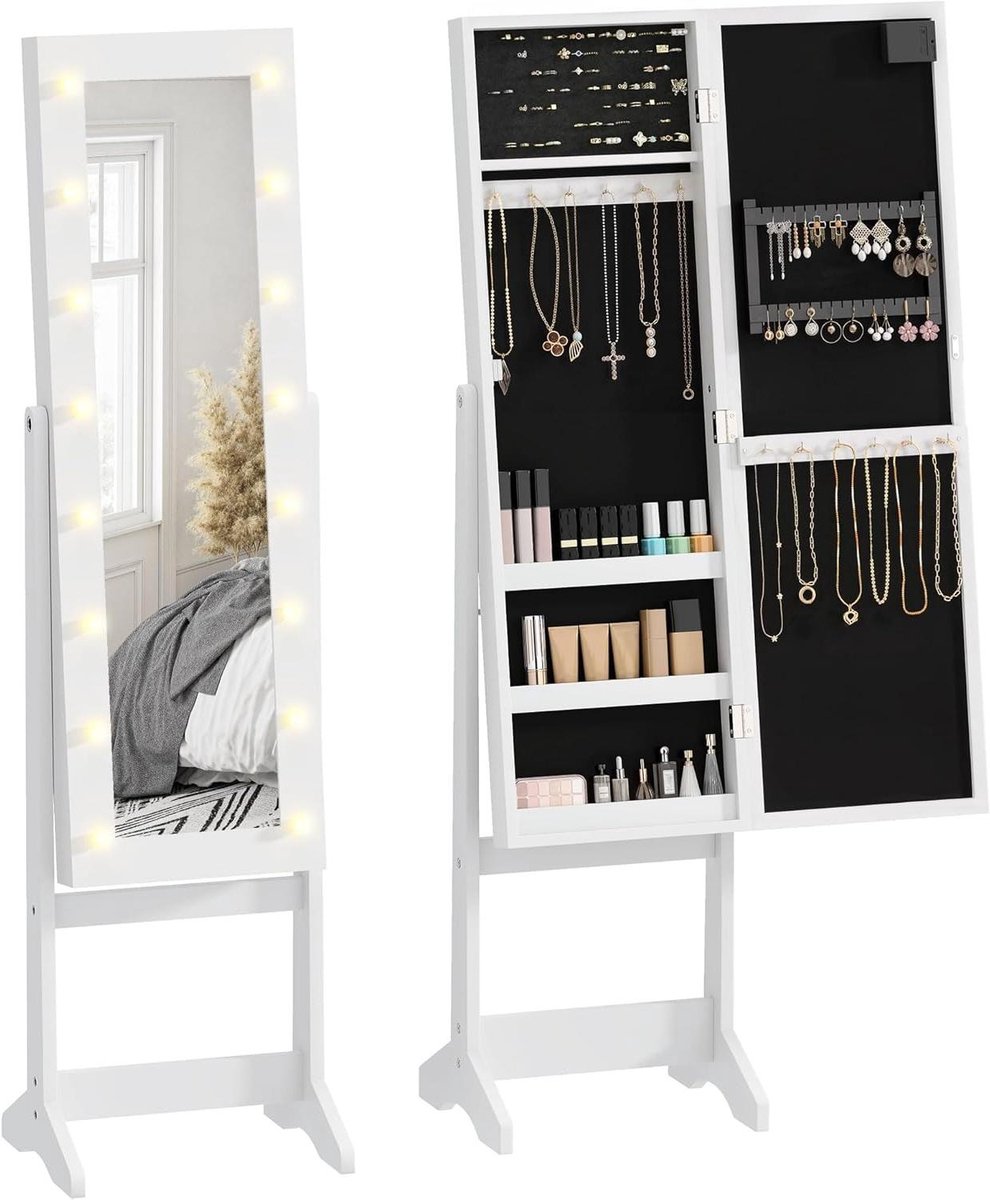 Sieradenkast - Opbergkast - Sieraden Organiseren - Met LED-verlichting - 36x30x136 cm - Wit