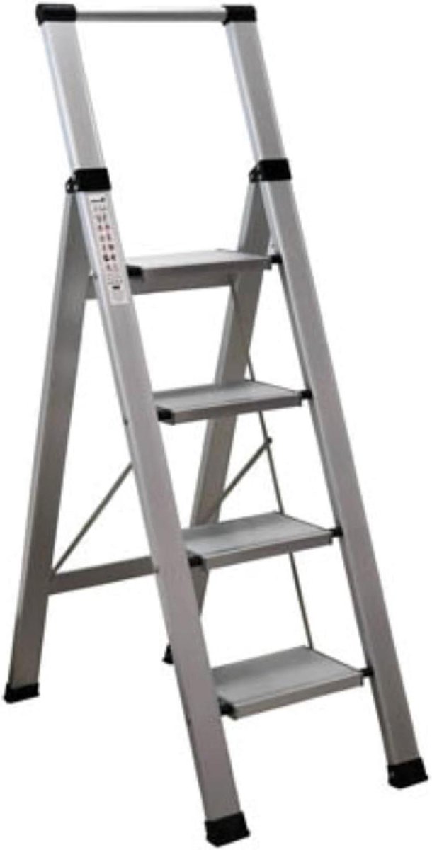 Huishoudladder Aluminium - Vlakke trap - Klusjes in huis - Super opvouwbaar - 4 treden - Aluminium