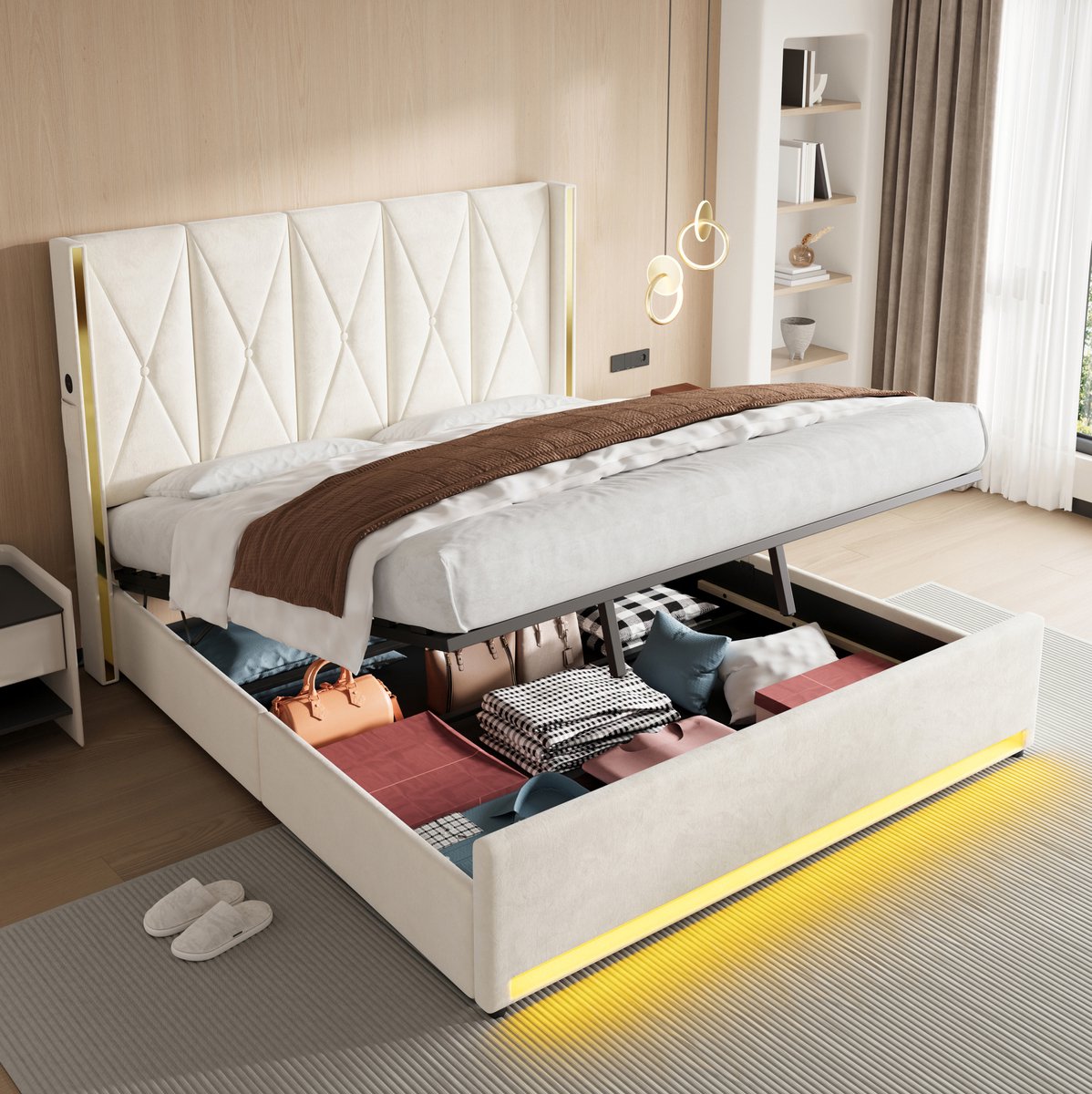DESMIU Gestoffeerd Bed 180x200 cm – Hoog Gewatteerd Hoofdbord Met USB En Type C – Hydraulisch Systeem – Grote Opbergruimte – Tweepersoons Slaapkamer – Zachte Stof – Beige – Zonder Matras
