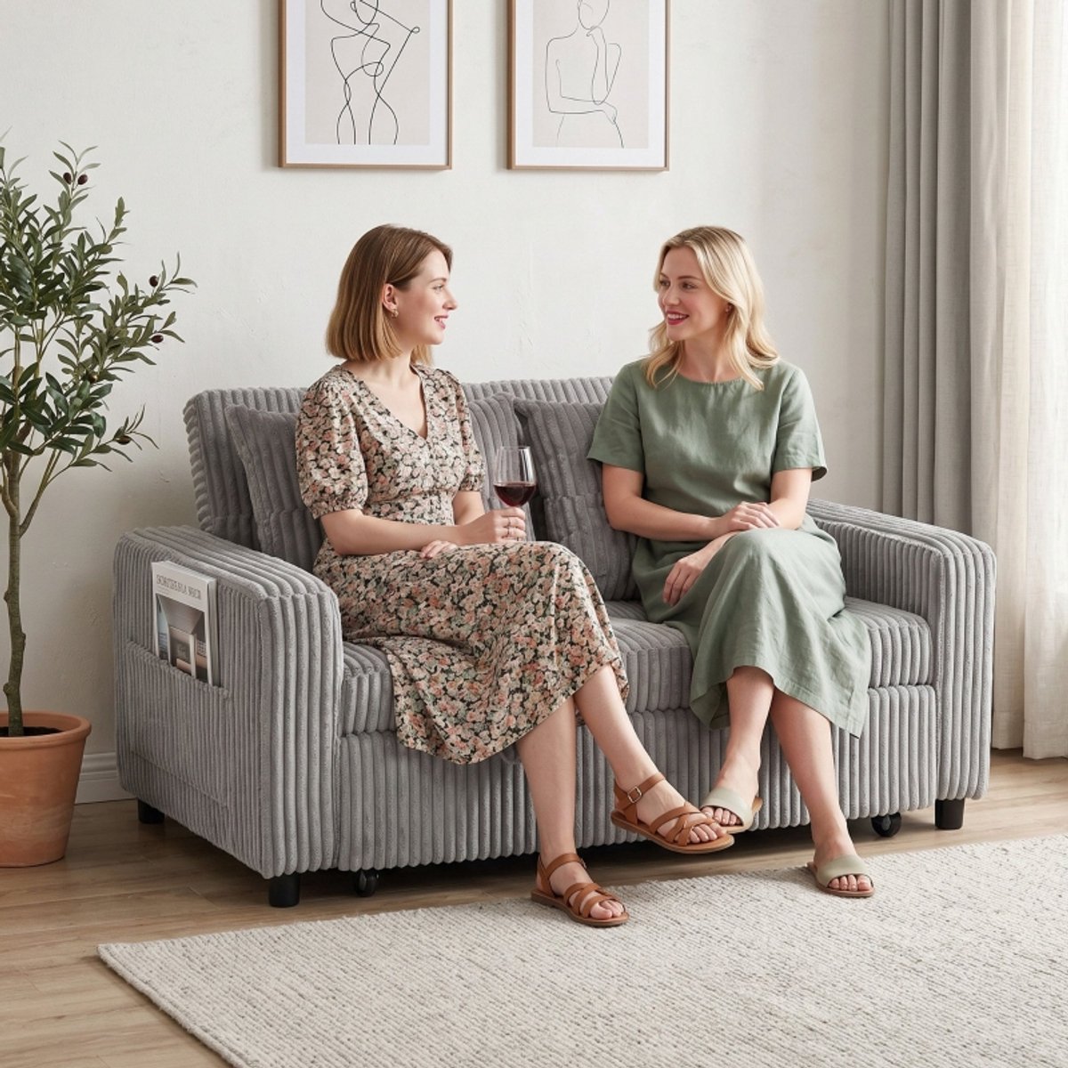 OKWISH Slaapbank 2-Zits 157 Cm - Uitklapbaar Met Slaapfunctie En Verstelbare Rugleuning - Met 2 Kussens En Zijvakken - Polyester - Licht Grijs
