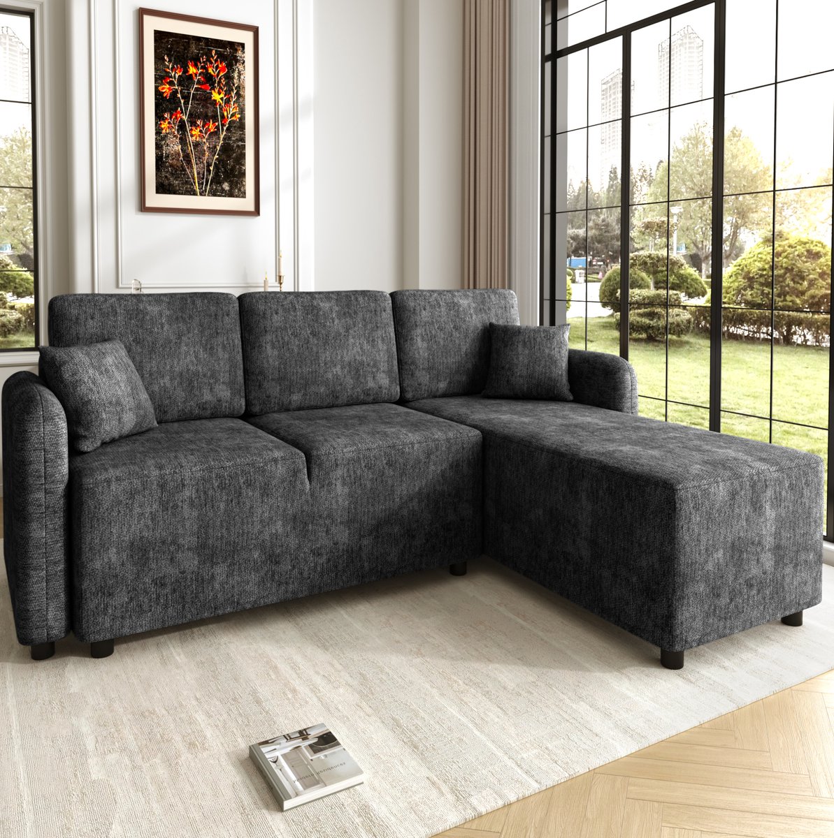 OKWISH Hoekbank 187,5 x 144 x 85,5 cm - 3-Zits L-Vorm Met Relaxgedeelte En 2 Kussens - Chenille - Zwart