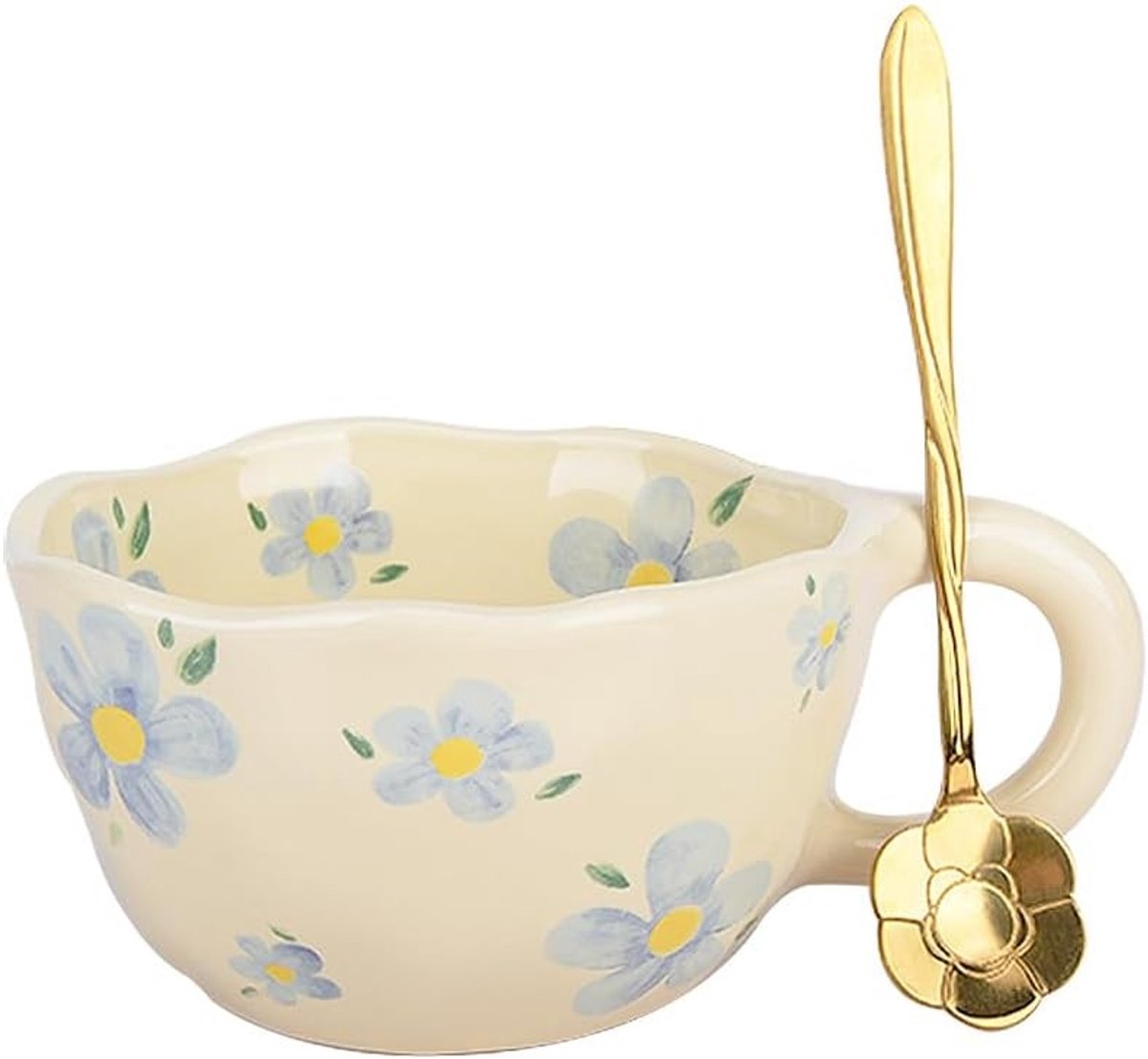Handgemaakte keramische theekop, schattige koffiemok met lepel, aesthetic mok voor cappuccino en melk, 250ml