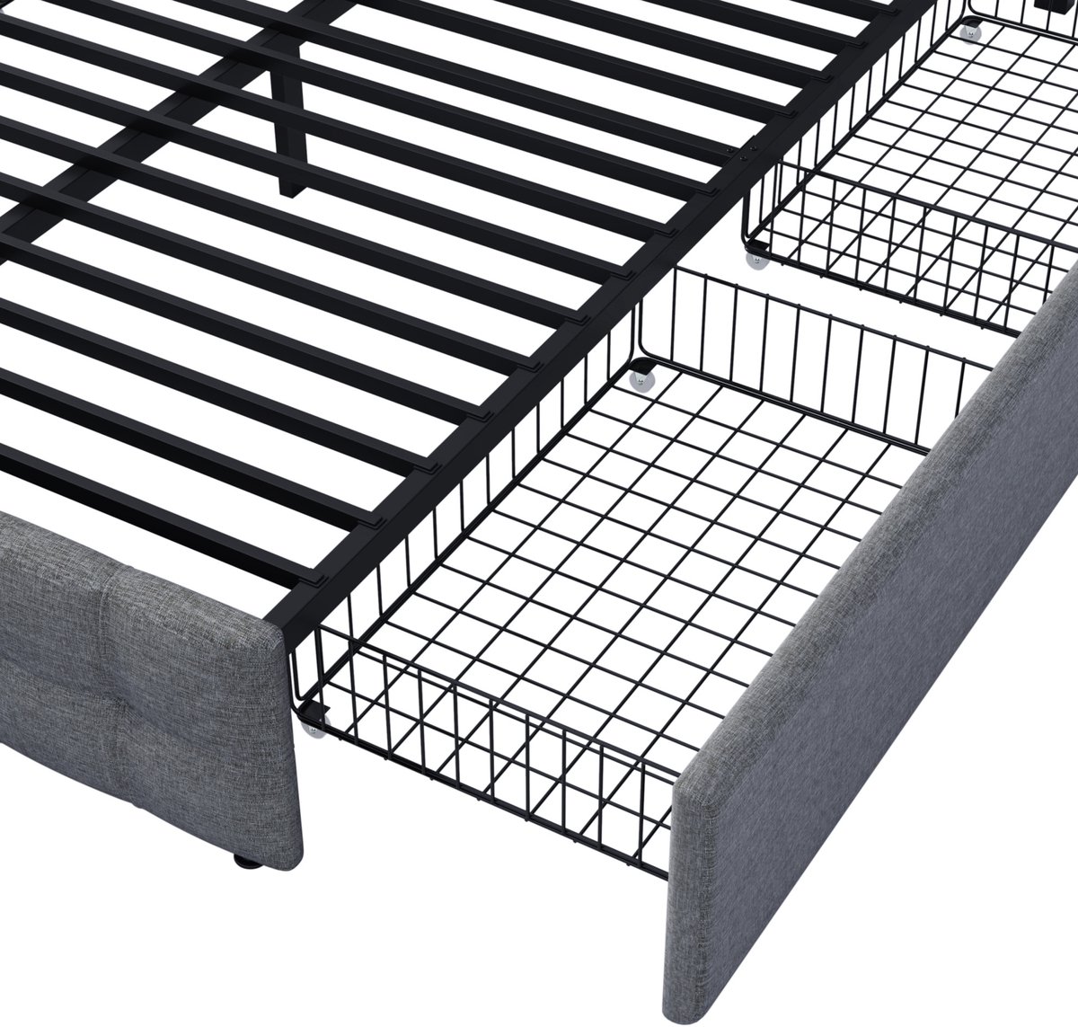 DESMIU Gestoffeerd Bed 140x200 cm – Tweepersoonsbed Met 4 Laden – Verstelbaar Hoofdbord – Opbergruimte – Voor Volwassenen – Linnenlook – Grijs – Met Matras