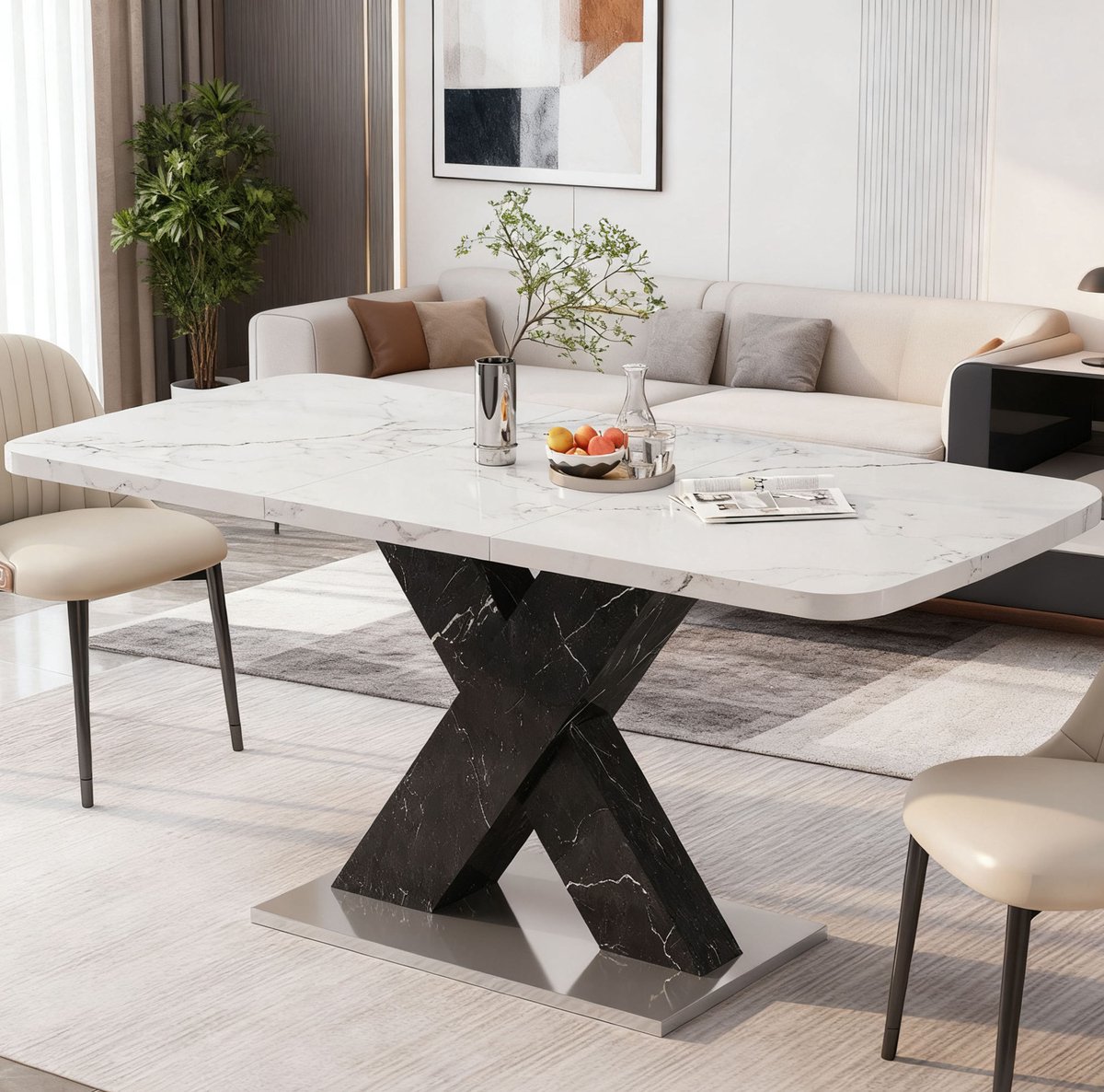 DESMIU Eettafel - Uitschuifbaar Rechthoekig Tafelblad Met Marmerlook - Voor Eetkamer En Woonruimte - MDF En Metaal - 160x80x76,5 Cm - Wit Zwart