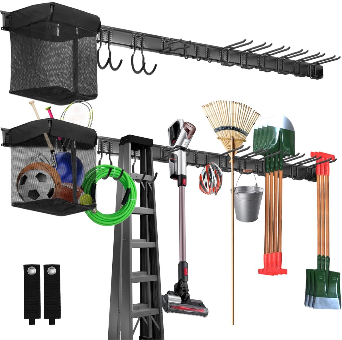 SnelShoppen - Wandrek voor garagegereedschap, metalen tuingereedschapshouder met 12 haken, 80 inch, ideaal voor skiuitrusting, bezems, dweilen en hark