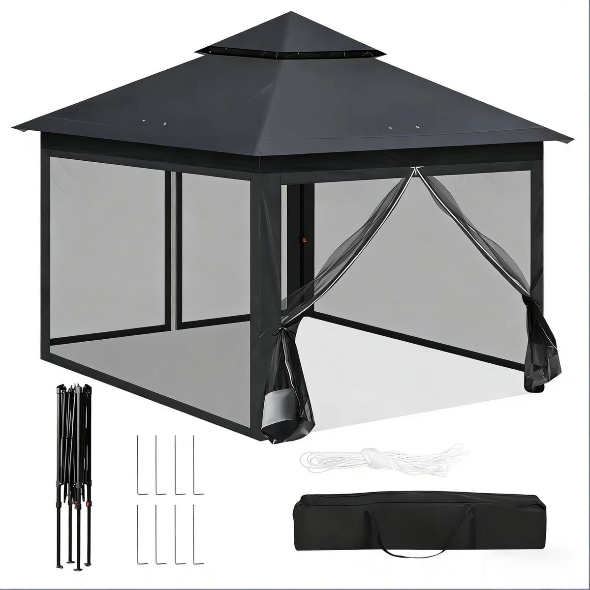REDOM - Partytent paviljoen met verstelbare hoogte en afneembaar gaas - Dubbel dak met ventilatieopeningen - Opvouwbaar - 210D Oxford stof en ijzeren frame - Antraciet - 3 x 3 x 2,76 m