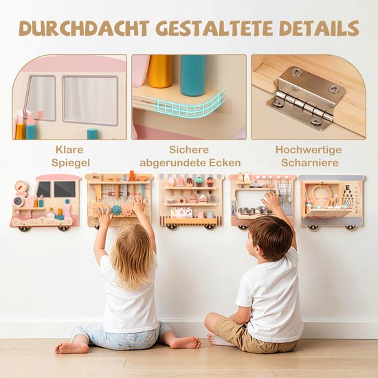 COSTWAY Busy Board in trekvorm, wandgemonteerd activiteitenbord met make-upset, gereedschapskist, speelkeuken, doktersset en ijssalon, sensorisch motoriekbord, hout, Montessori-speelgoed voor kinderen van COSTWAY — afbeelding 3