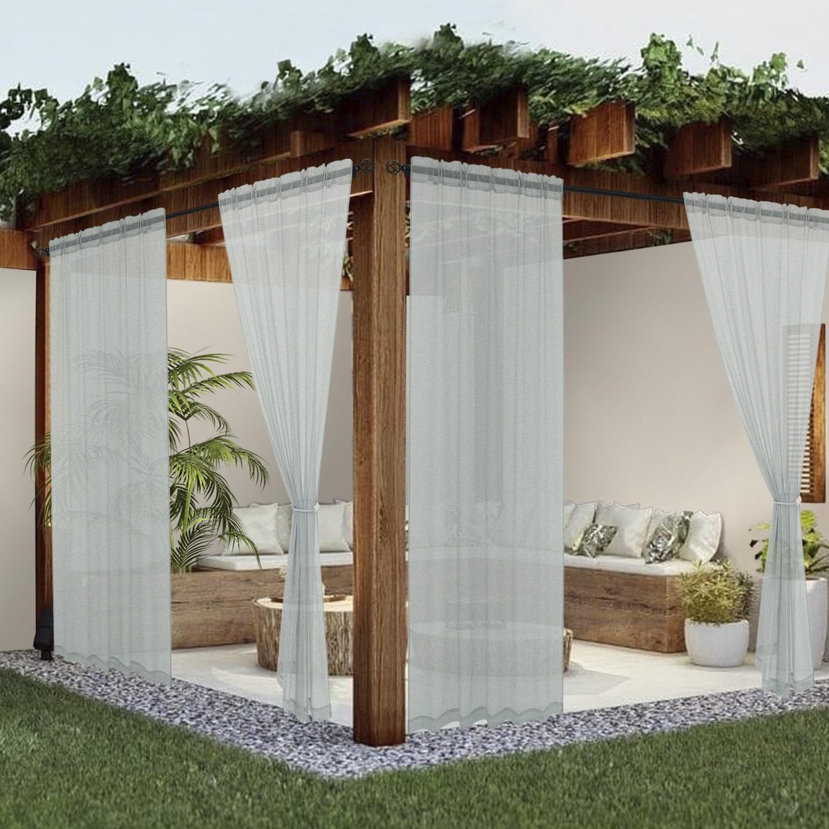 SnelShoppen - Terrasgordijnen voor Buiten, Waterdicht, Linnenlook, Stangdoorvoer, 132,1 x 213,4 cm, Grijs, 2 Stuks, Voor Woonkamer, Slaapkamer, Verand