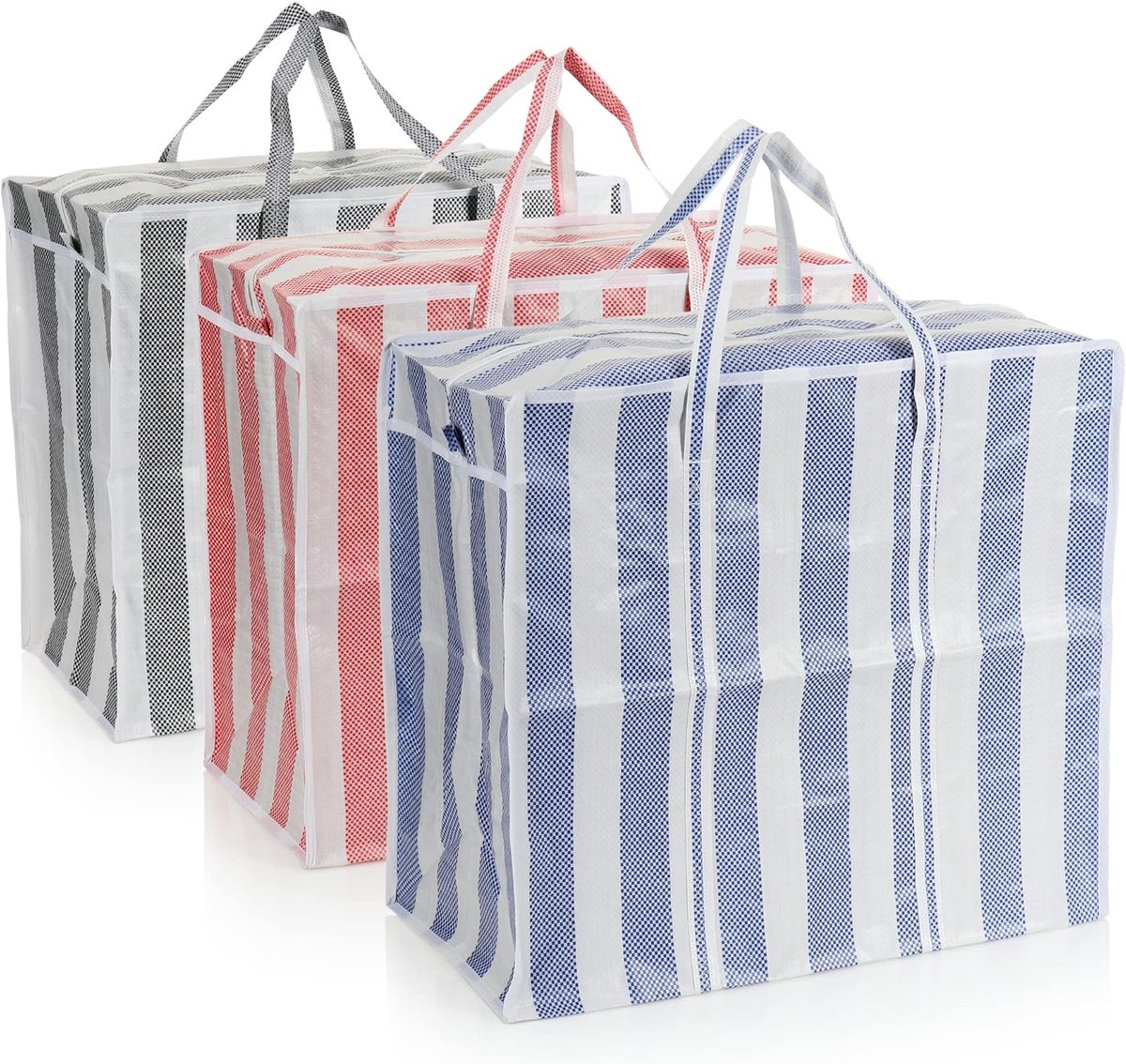 Thijox - Jumbo Boodschappentas XL - Gestreepte Plastic Tassen voor Strand, Boodschappen en Badspullen - Rood/Blauw/Antraciet - 3 Stuks