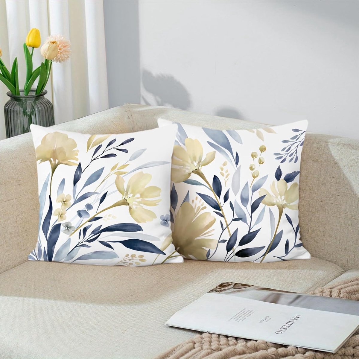 SnelShoppen - Set van 2 Decoratieve Kussenslopen Aquarel Bloemen 45 x 45 cm - Geel en Blauw - Sierkussenslopen voor Bank, Slaapkamer, Tuin en Terras
