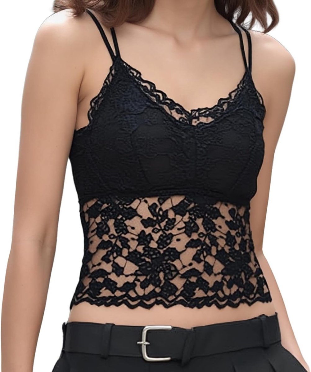 Lace Crop Top voor Dames met V-Hals en Geïntegreerde Beha - Zwart Mouwloos T-shirt voor een Sexy Avondlook en Casual Outfit