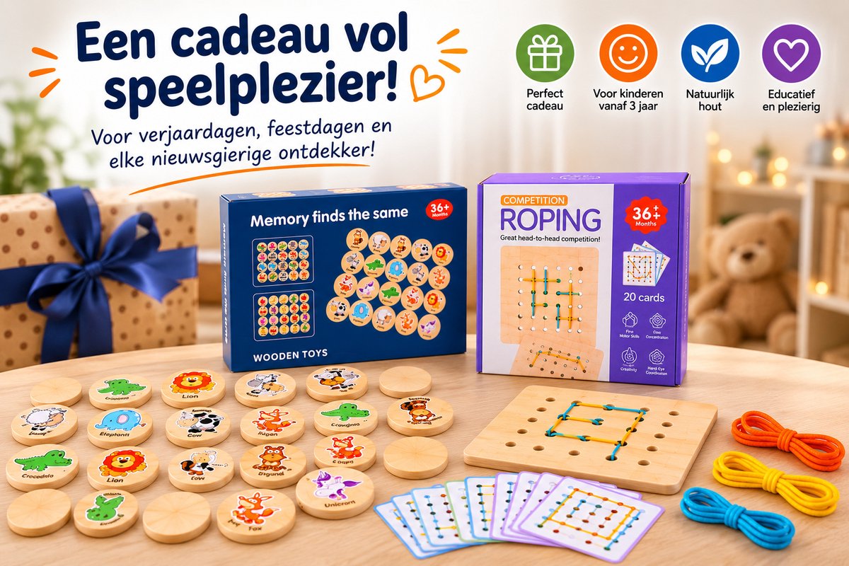 FAMPHOS Montessori Speelgoed vanaf 3 Jaar – 2-in-1 Houten Memoryspel en Rijgspel – Educatief Speelgoed voor Geheugen, Concentratie en Fijne Motoriek — afbeelding 2