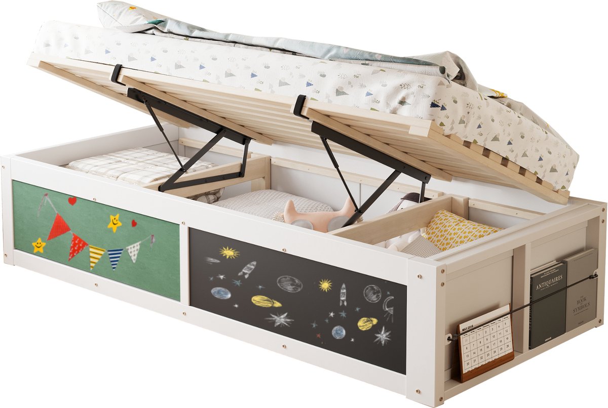 Kinderbed 90x200 cm met opbergruimte - houten eenpersoonsbed met hydraulische opslag, krijtbord, viltbord, boekenplank en lattenbodem wit