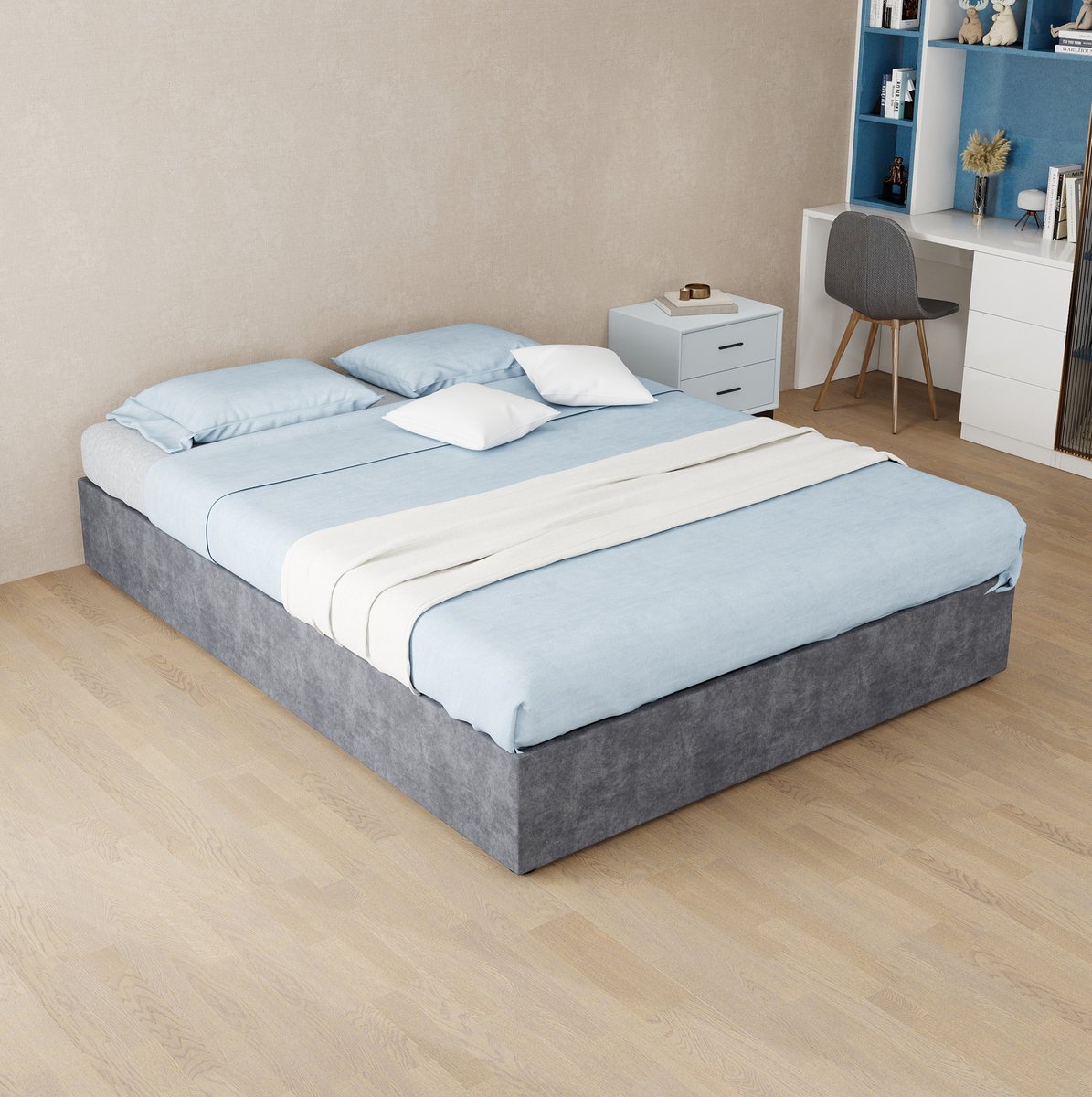 DESMIU Bedframe 140x200 cm – Tweepersoonsbed Met Gaslift En Lattenbodem – Zonder Hoofdbord – Geschikt Voor Slaapkamer – Stof – Grijs – Zonder Matras