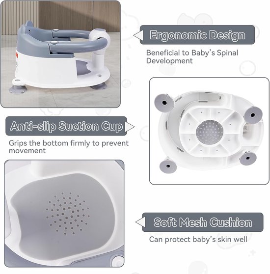 Baby badzitje - Badstoel peuter - Veilig badderen - Ergonomisch ontwerp - 4 zuignappen - Grijs — afbeelding 5