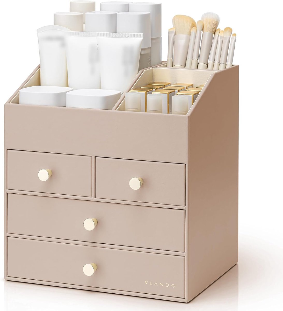 SnelShoppen - VLANDO Make-up organizer met 4 laden, PU make-uptafel organizer voor parfum, huidverzorging, lippenstift accessoires, melkkoffie kleur,
