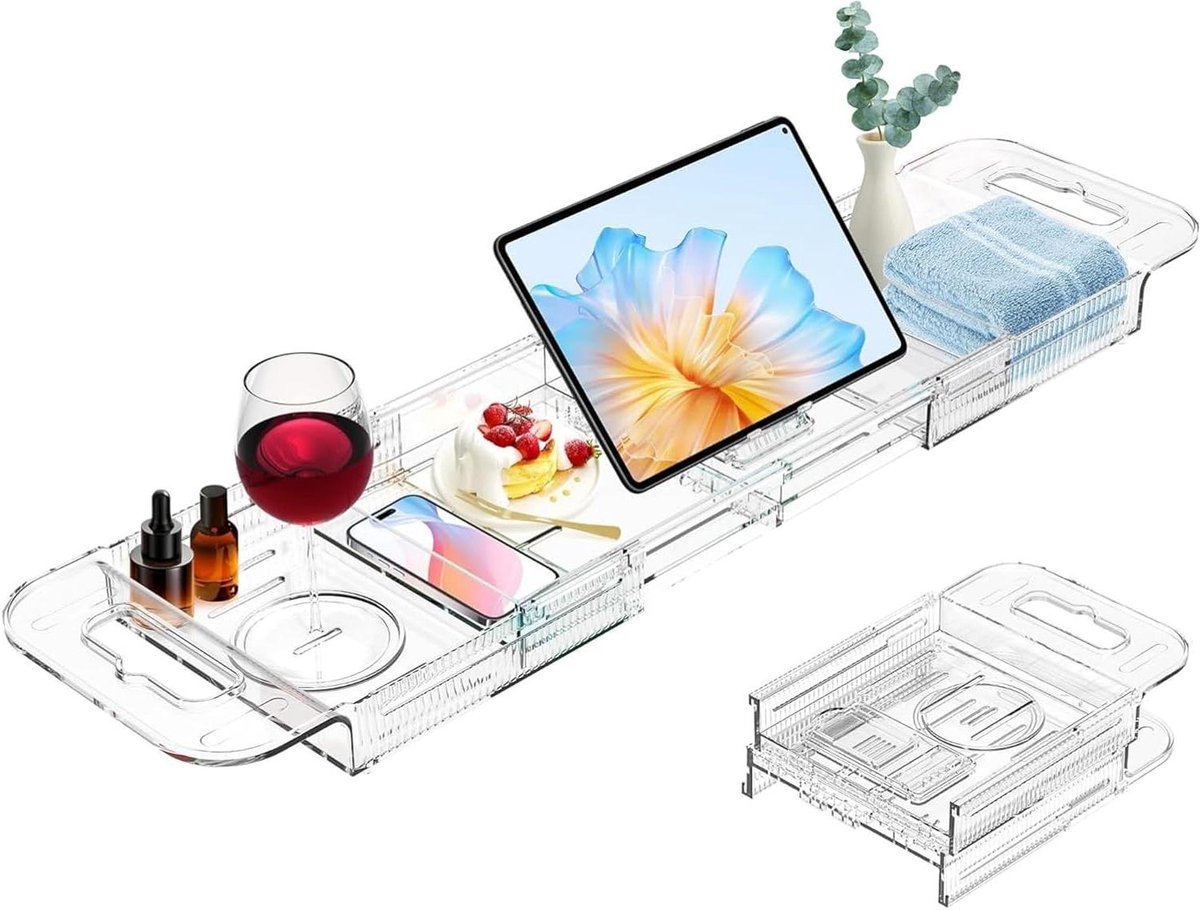 Badkuipplank Acryl - Uittrekbaar Dienblad - Ontspannen in Bad - Met Tablet Houder - Tot 80 cm - Transparant