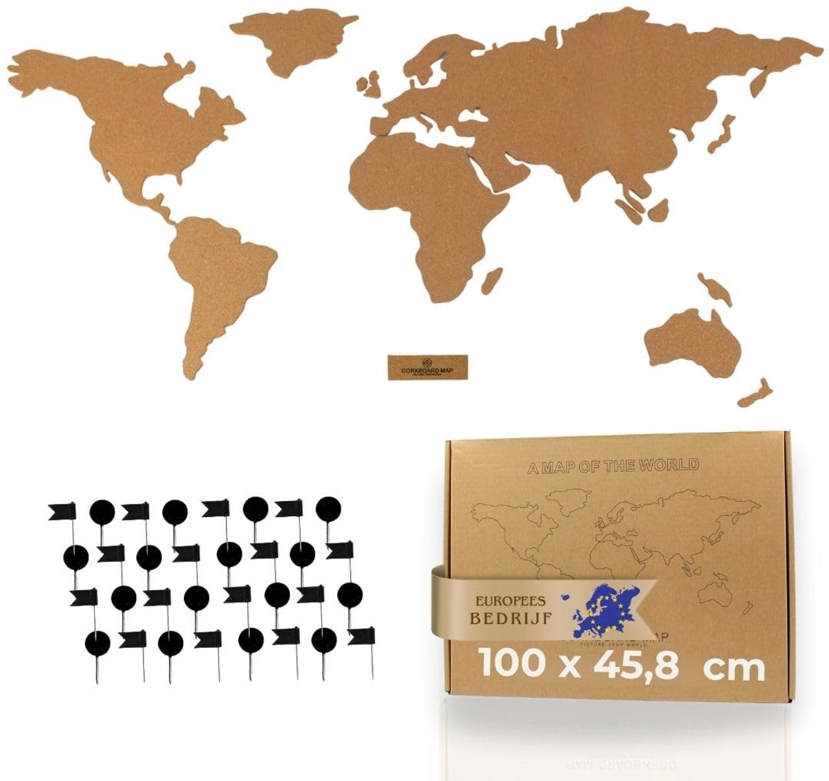 SnelShoppen - Kurken Wereldkaart Wandbord Prikbord met 50 Punaises - Vintage Natuurlijke Decoratie voor Foto's & Reisherinneringen - Ideaal voor Thuis