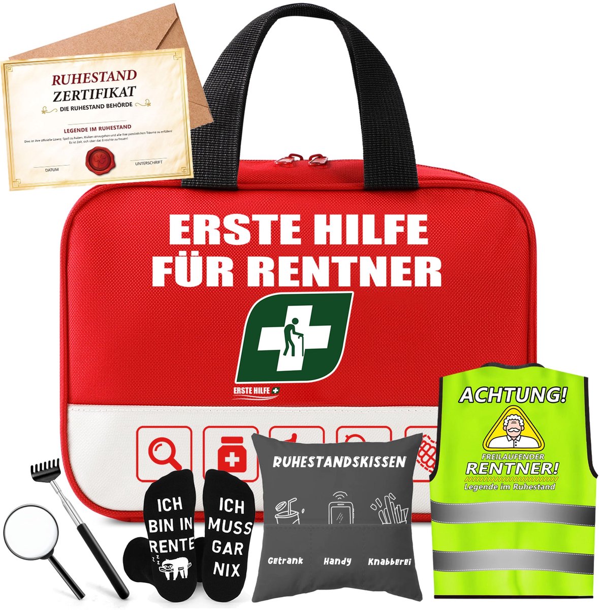SnelShoppen - Gepensioneerden cadeau voor mannen, pensioen cadeauset met EHBO-tas, wenskaart, grappige sokken, sierkussenovertrekken, afscheidscadeau