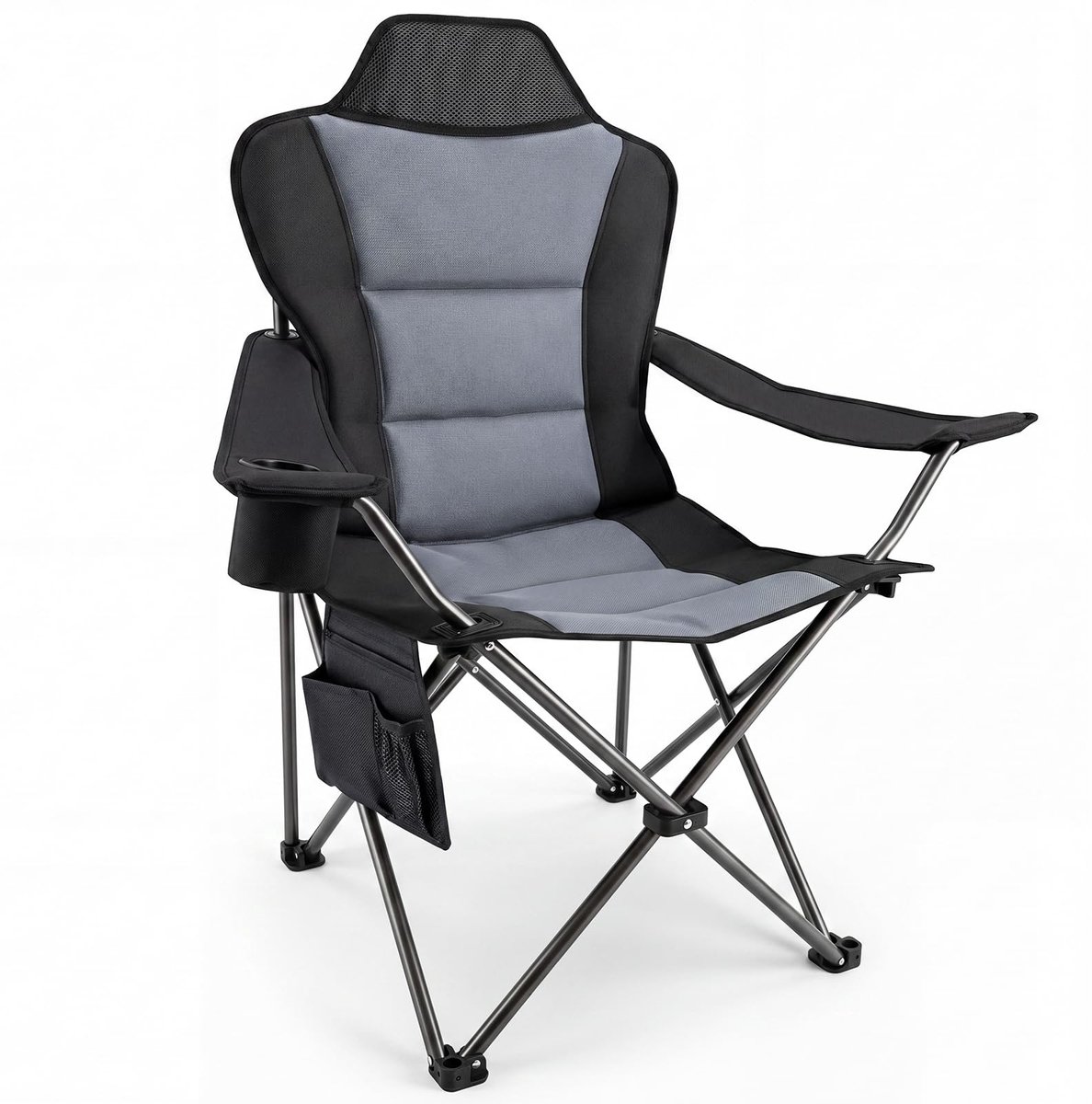 SnelShoppen - Opvouwbare Campingstoel XXL met Hoge Rugleuning, Vouwstoel, Visstoel, Zwart-Grijs, Ideaal voor Strand en Tuin