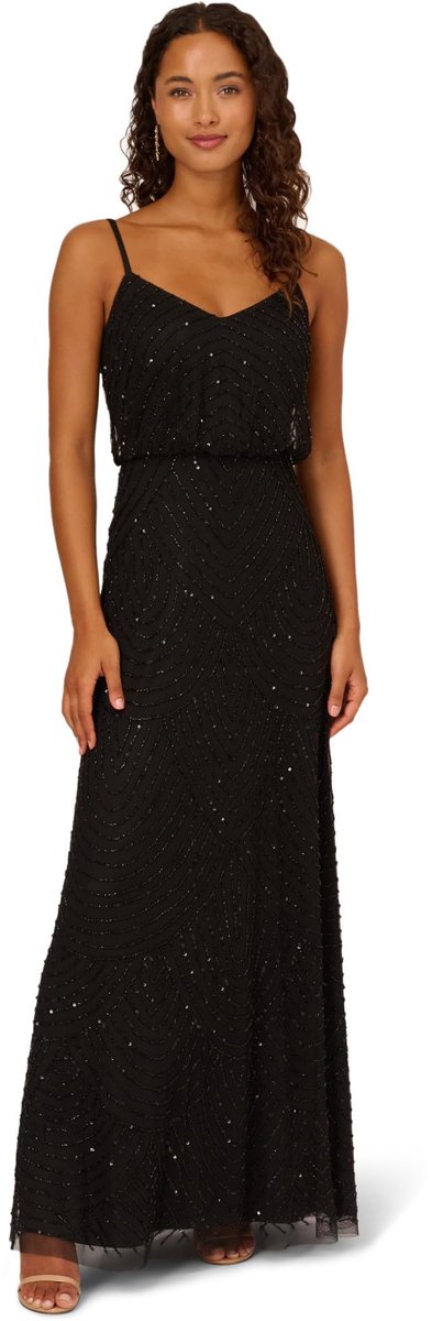 SnelShoppen - Lange Blousonjurk Dames met Kralen, Zwart, Maat 8, Elegante Avondjurk voor Feestelijke Gelegenheden, Luxe Woven Materiaal